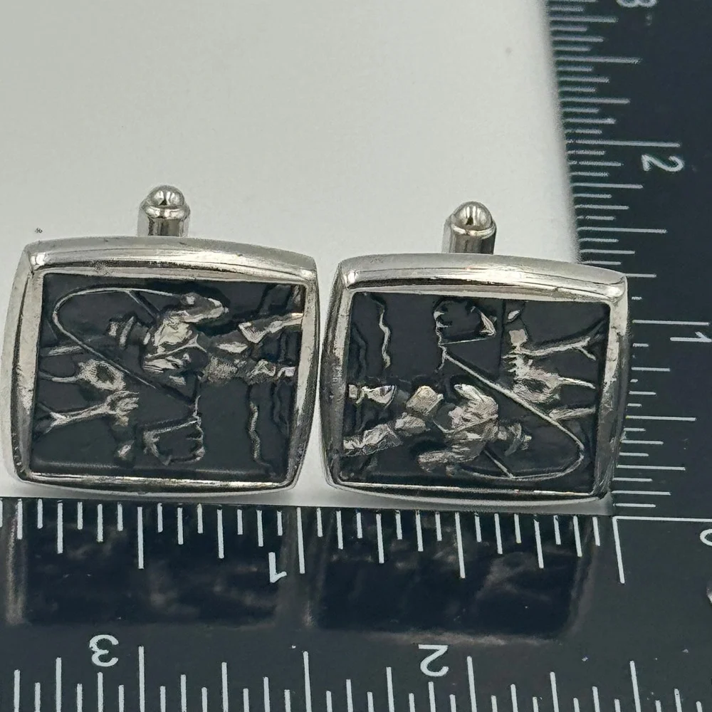 Silver Tone Fly Fisherman Cufflinks Mens Rectangular Fishing Scene